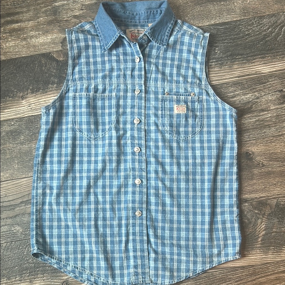 Vintage Ki-ko-mo Blue Jeans Blue Plaid Sleeveless Button-Up Short Women Large